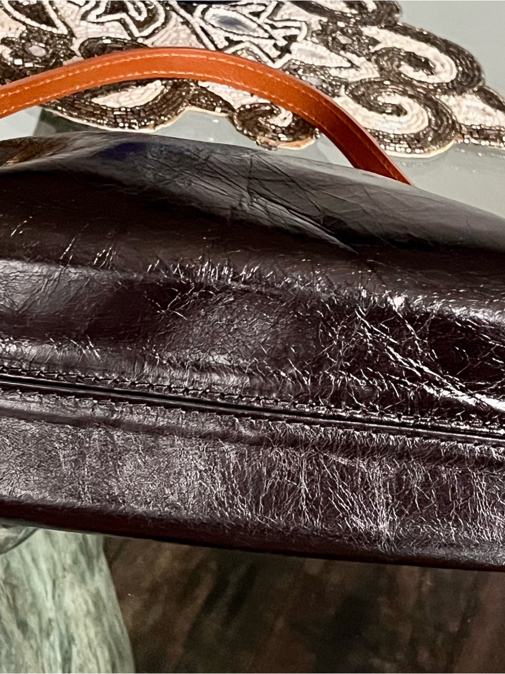 Flawless Valentina Black Patent Shoulder Bag with Tan Strap and Gold Logo Charm - Picture 5 of 8